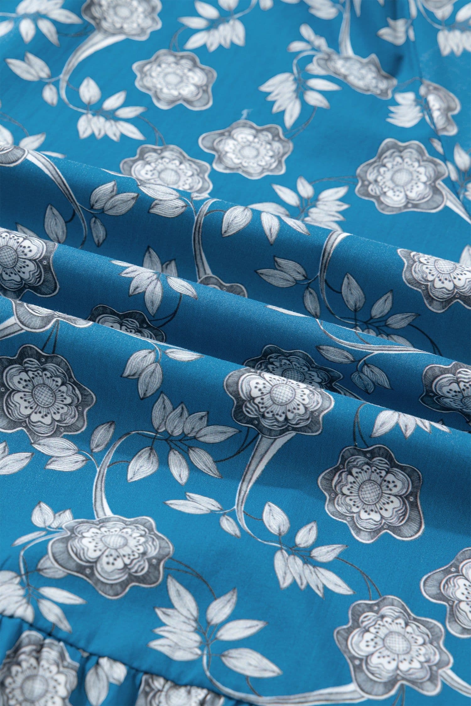 image-Blue Plus Size Floral Print Striped Patchwork Detail Button Front Ruffle Hem Dress
