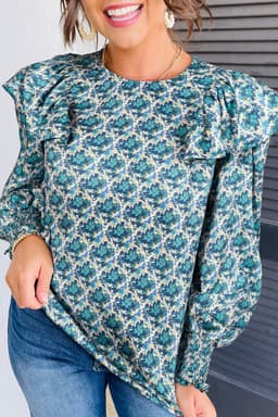 image-Green Abstract Print Shirred Cuff Puff Sleeve Blouse