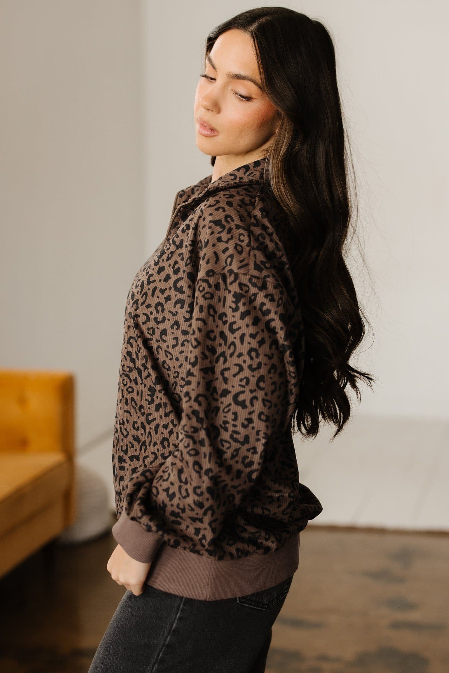 image-Brown Leopard Print Quarter Zip Corduroy Sweatshirt