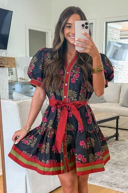 image-Black Retro Floral Print Button Down Belted Short Puff Sleeve Mini Dress