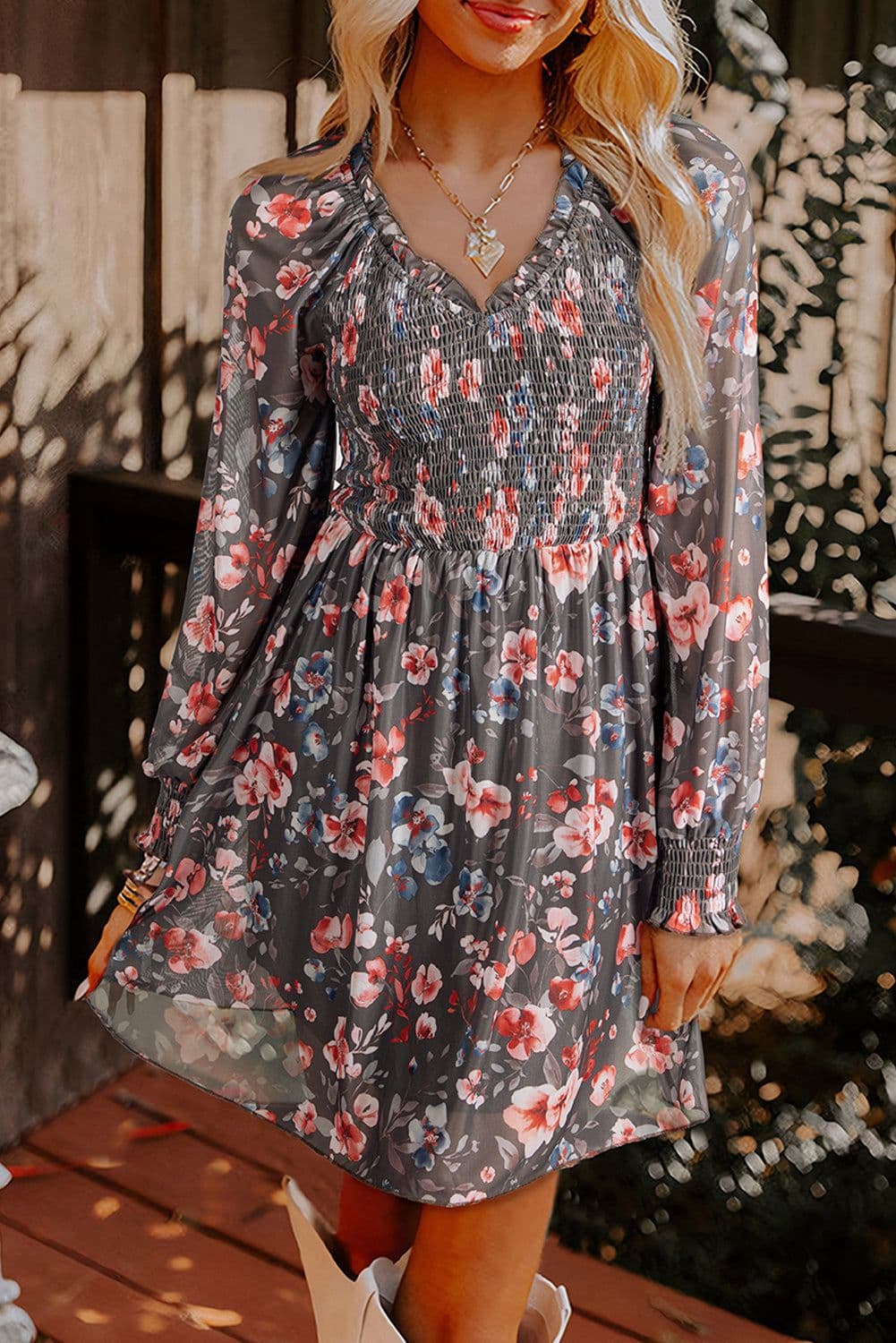 image-Brown Floral Mesh Mini Dress - Smocked Bodice Long Sleeve