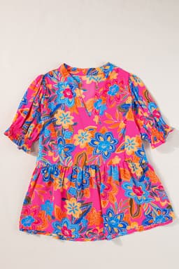 image-Rose Abstract Print Smocked Puff Sleeve V Neck Blouse