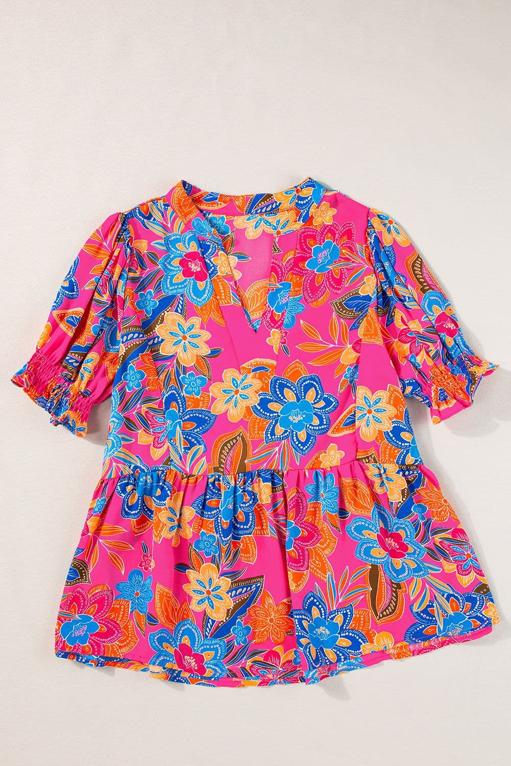 image-Rose Abstract Print Smocked Puff Sleeve V Neck Blouse