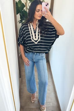 image-Black Stripe Stand Collar Dolman Top - Half Sleeve