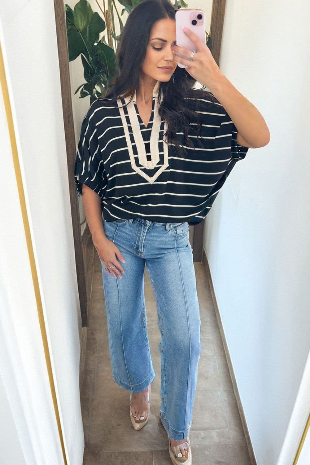 image-Black Stripe Stand Collar Dolman Top - Half Sleeve