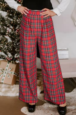 image-Red Festive Plaid Wide Leg Pull On Pants