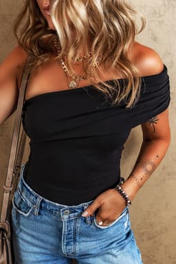 image-Solid Color Pleated One Shoulder Bodysuit - Black