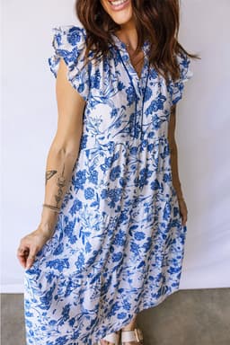 image-Blue Ruffled Short Sleeve Tiered Floral Midi Dress