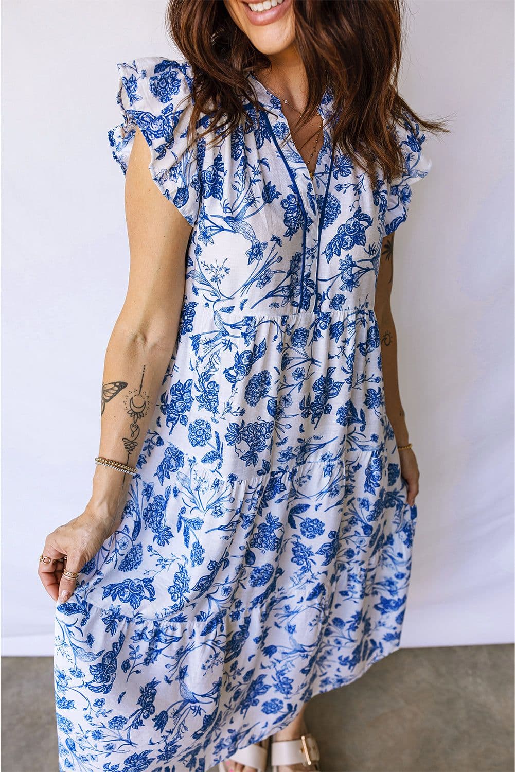 image-Blue Ruffled Short Sleeve Tiered Floral Midi Dress