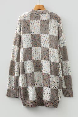 image-Brown Confetti Dot Checkered Cardigan Pockets