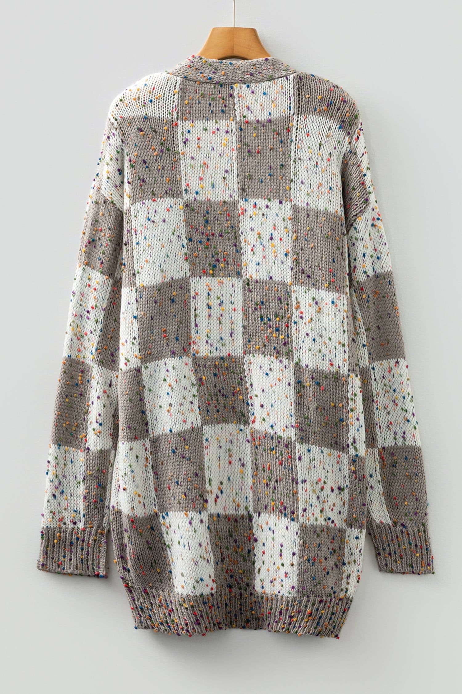 image-Brown Confetti Dot Checkered Cardigan Pockets