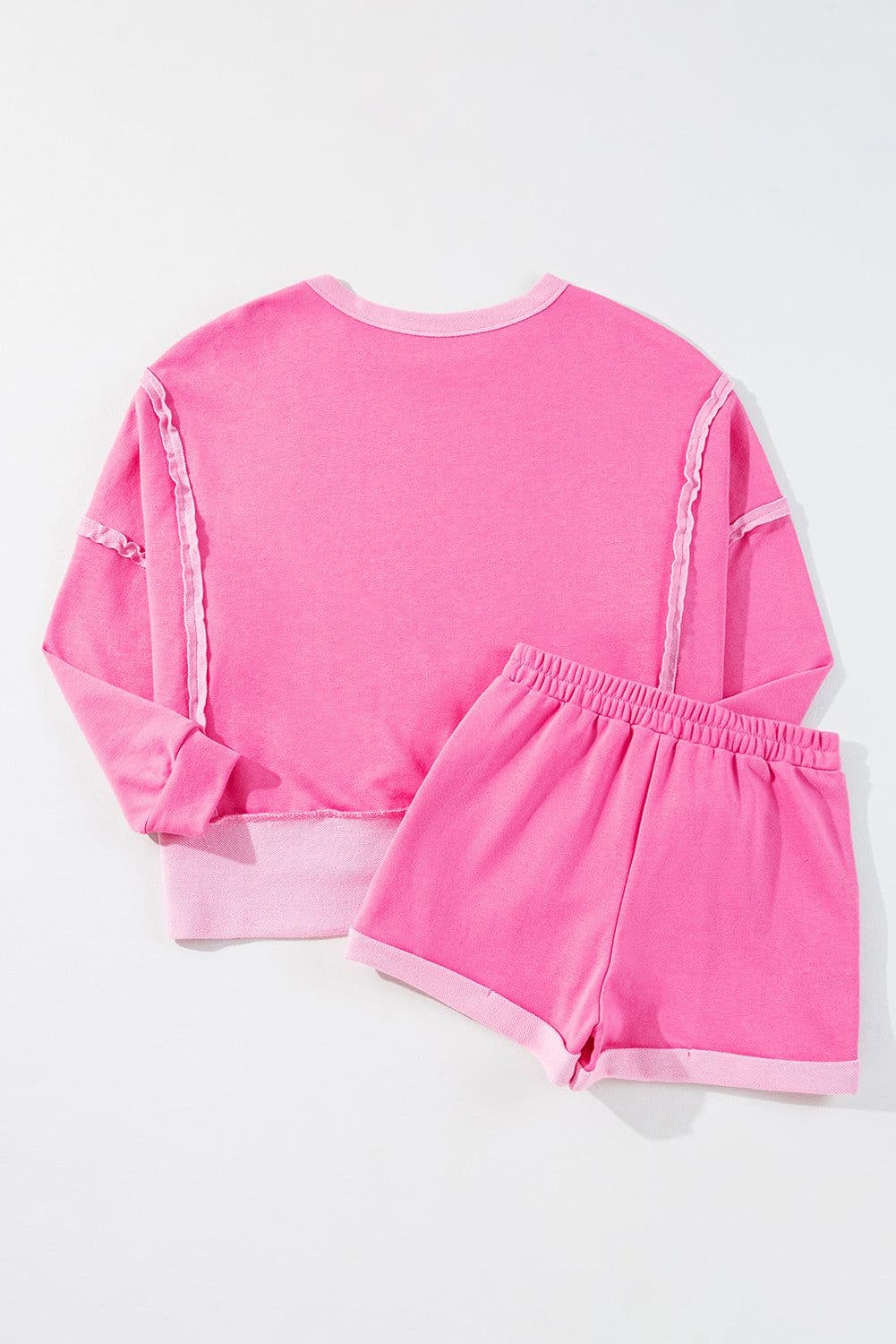 image-Pink High Low Patchwork Long Sleeve Top & Shorts Set - Size Guide Included