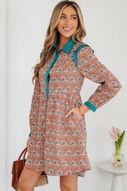 image-Orange Boho Floral Contrast Collared Shirt Dress