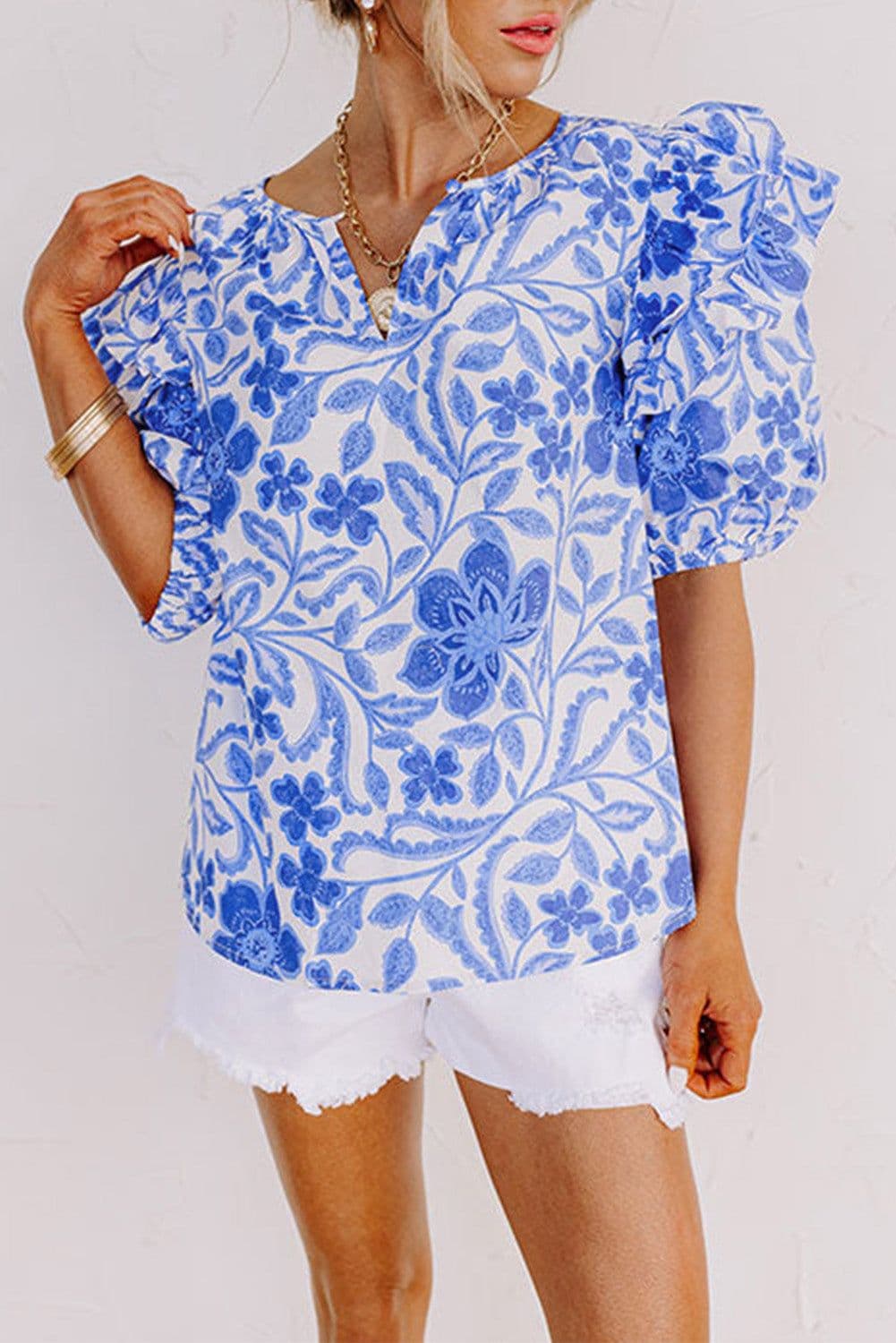 image-Dark Blue Floral Ruffled Sleeve Blouse - Chic Bubble Sleeve Design