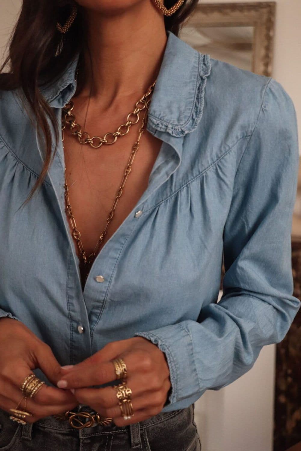 image-Chambray Shirt - Dusk Blue Turn-Down Collar