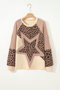 image-Light French Beige Leopard Star Color Block Patchwork Textured Baggy Sweatshirt