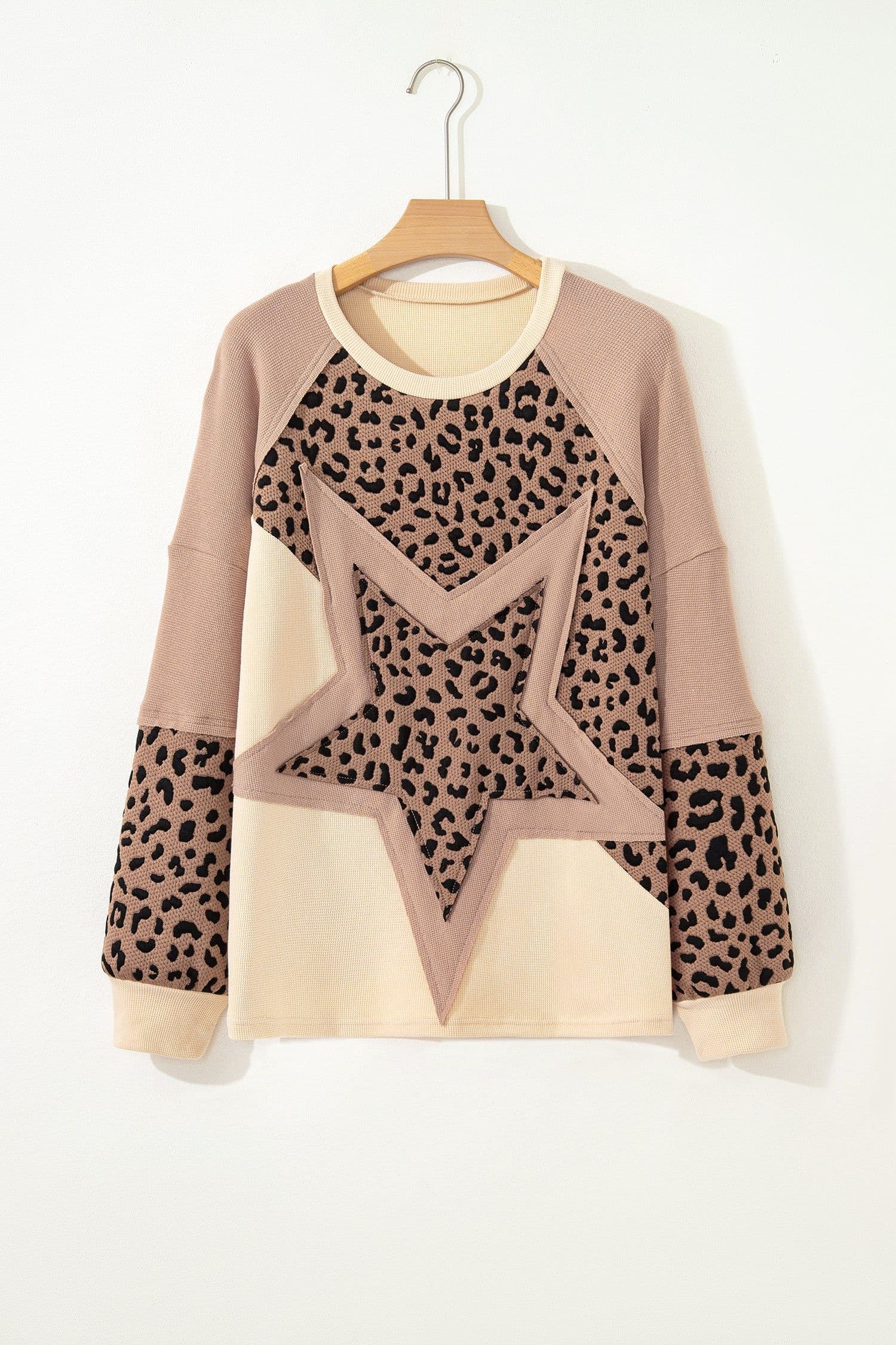 image-Light French Beige Leopard Star Color Block Patchwork Textured Baggy Sweatshirt