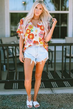 image-Multicolor Floral Print V Neck Half Sleeve Blouse