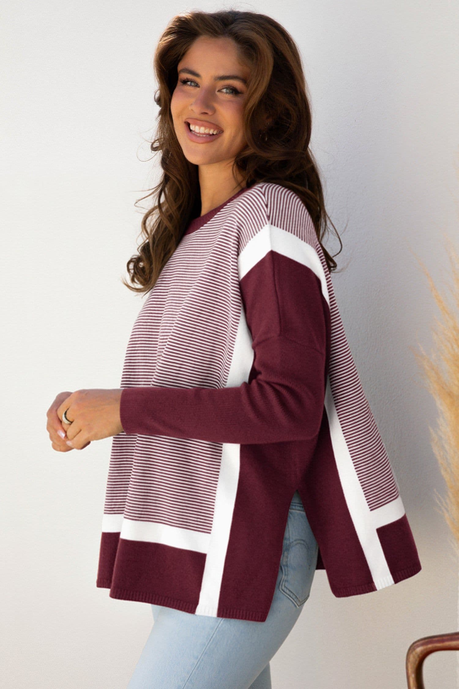image-Green Stripe Color Block Patchwork Dolman Oversize Tunic Sweater