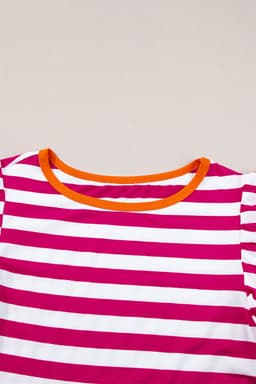 image-Rose Red Striped Ruffle Sleeve Crew Neck Blouse
