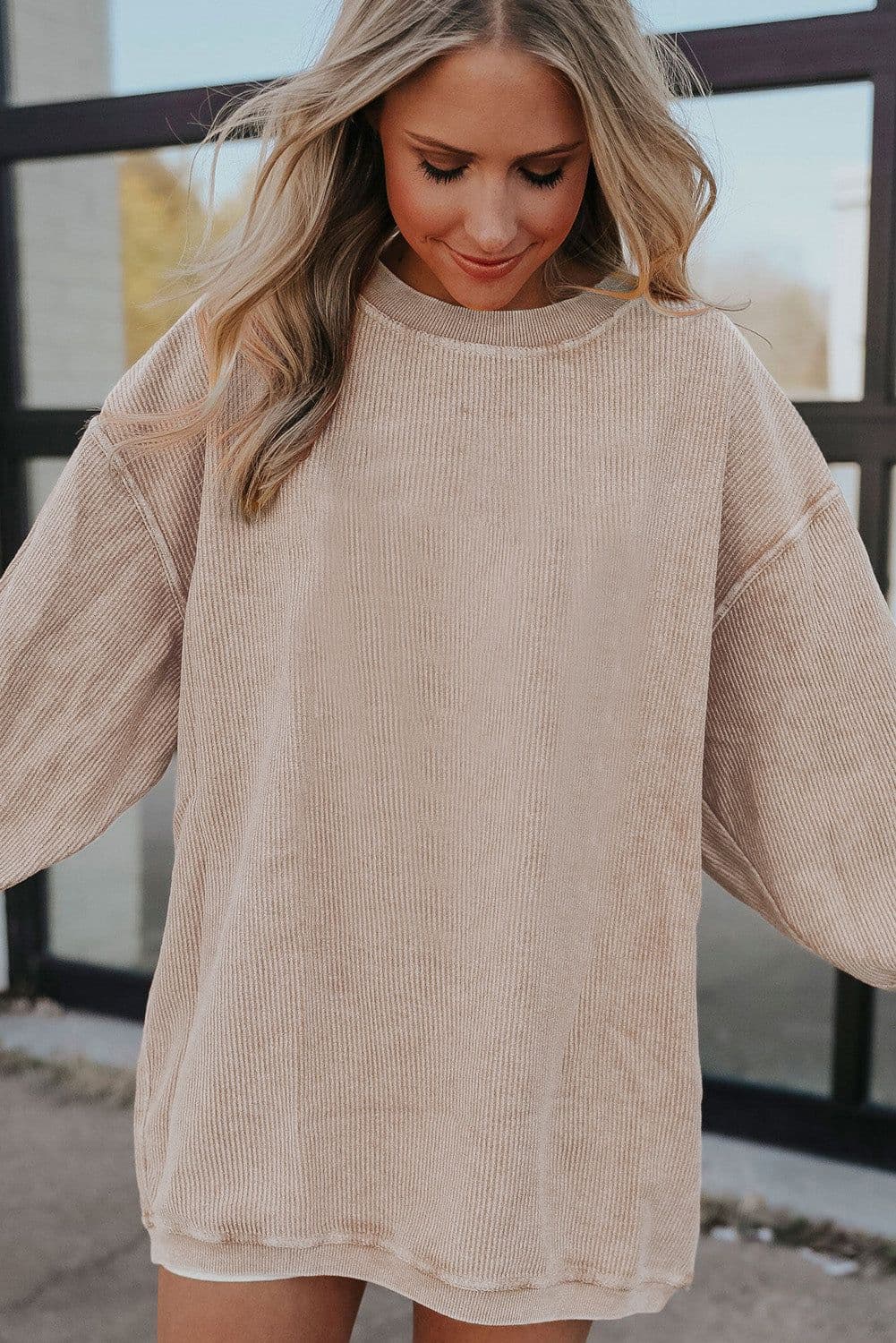 image-Strawberry Pink Ribbed Corded Oversized Sweatshirt