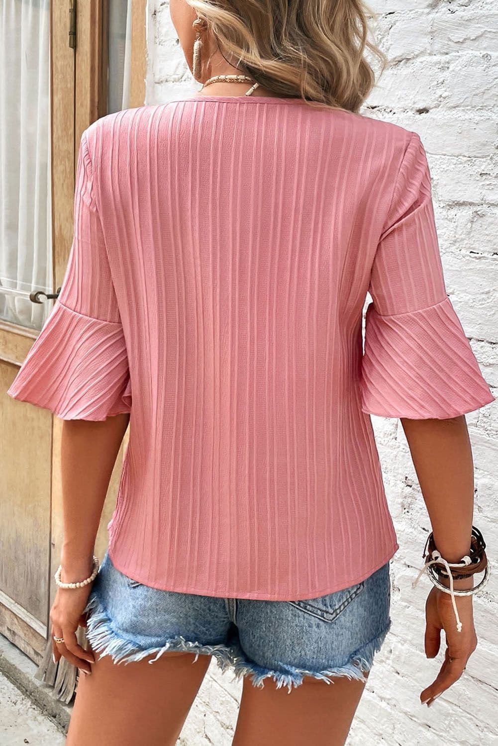 image-Peach Blossom Ruffled V Neck Textured Plus Size Top