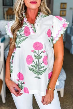 image-Blue Wild Flower Print Contrast Trim Scallop Detail Short Sleeve Blouse