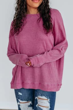 image-Bright Pink Waffle Knit Patchwork Long Sleeve Top