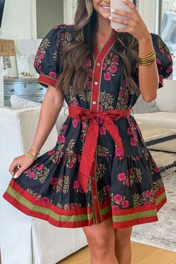 image-Black Retro Floral Print Button Down Belted Short Puff Sleeve Mini Dress