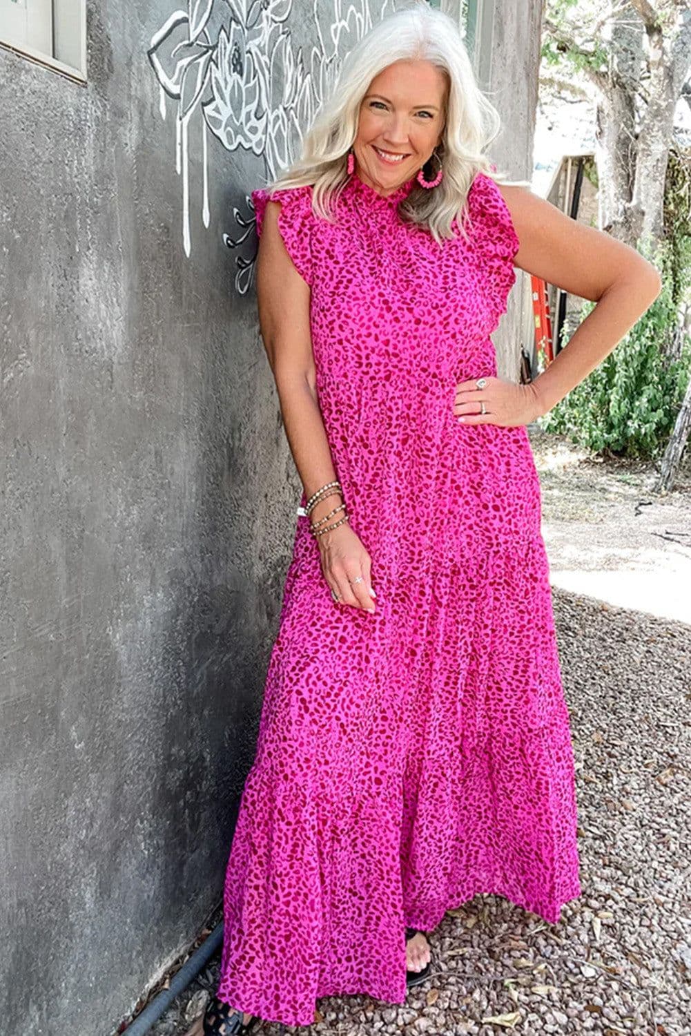 image-Leopard Print Ruffled Tiered Maxi Dress - Rose Red - Elegant Flutter Sleeves