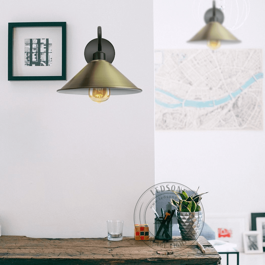 image-Green Brass Wall Light Fixture,Black Wall Sconce E27 Base Socket Screw Wall Mounted Swan Neck Cone Shape Shade
