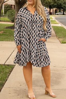 image-Plus Size Apricot Geometric Print V Neck Mini Dress - Trendy Geometric Design