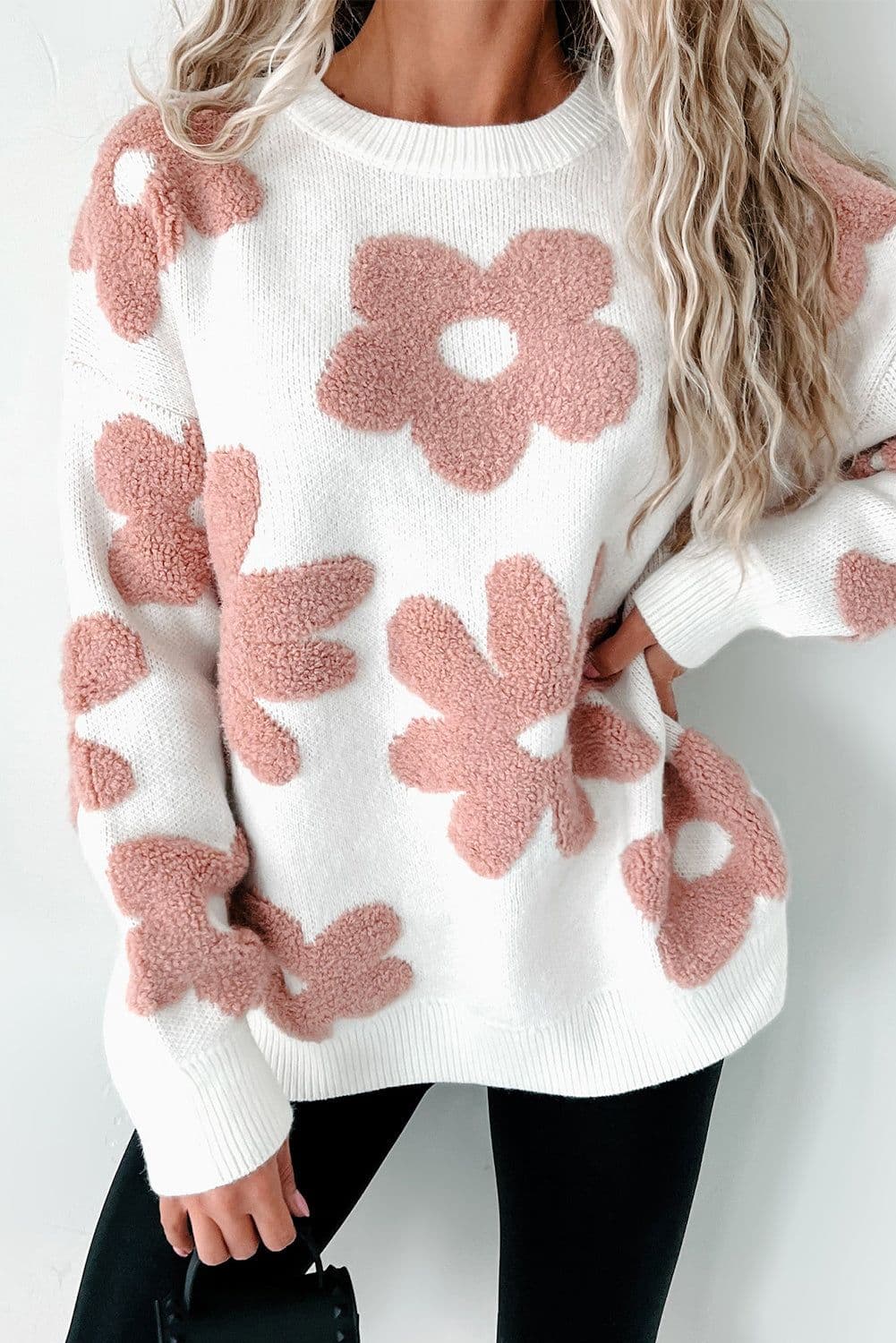 image-White Textured Flower Drop Shoulder Loose Sweater