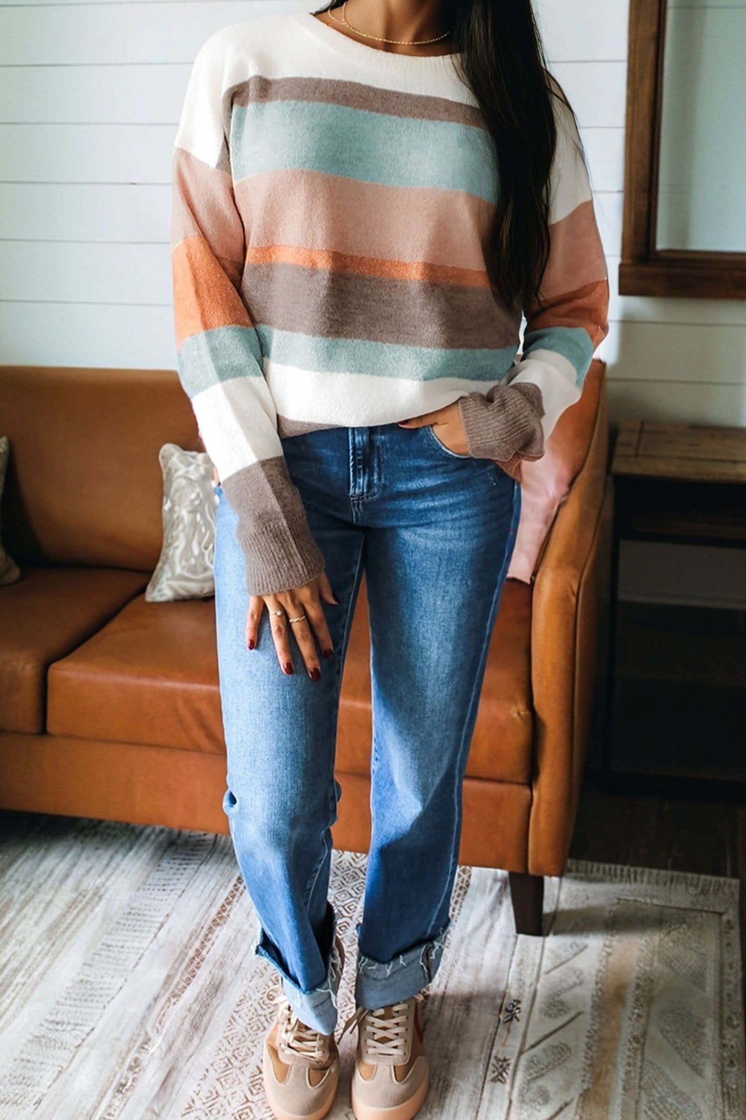 image-White Striped Color Block Knit Drop Shoulder Sweater