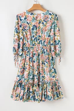 image-Sky Blue Floral V-Neck High Waist Dress 3/4 Sleeves Elegant