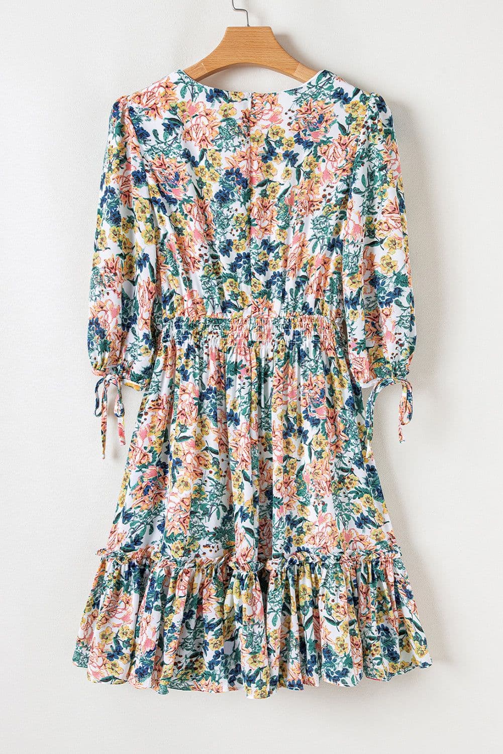 image-Sky Blue Floral V-Neck High Waist Dress 3/4 Sleeves Elegant