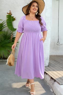image-Plus Size Wisteria Swiss Dot Smocked Frilled Dress - Elegant