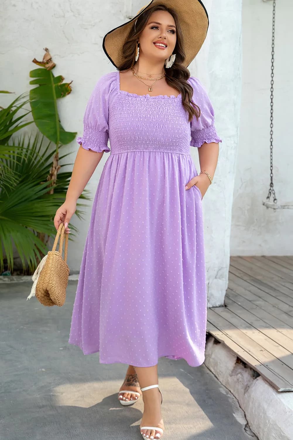image-Plus Size Wisteria Swiss Dot Smocked Frilled Dress - Elegant