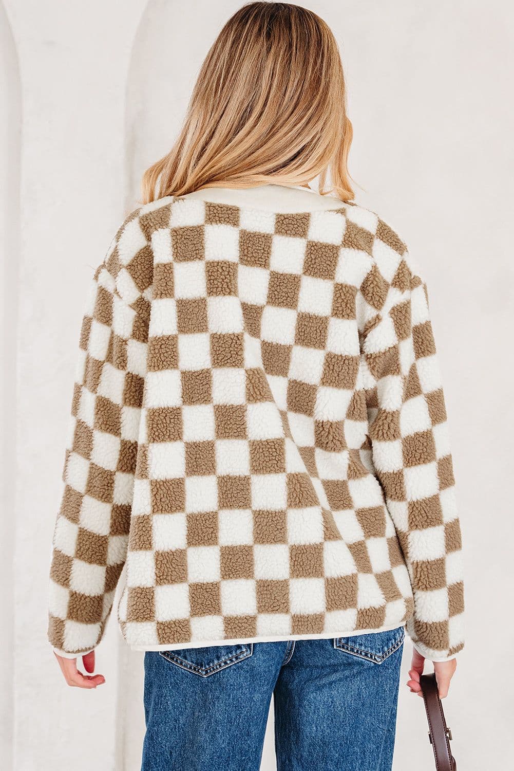 image-Brown Checkered Sherpa Jacket - Buttoned Front