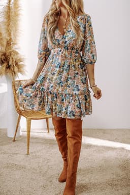 image-Sky Blue Floral V-Neck High Waist Dress 3/4 Sleeves Elegant