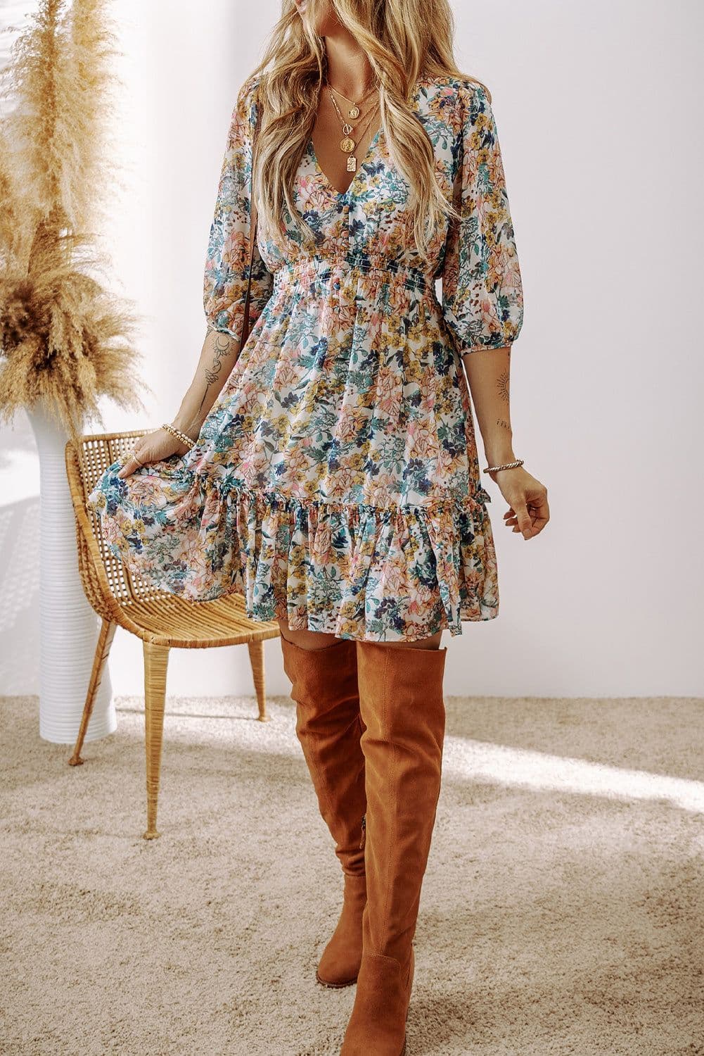 image-Sky Blue Floral V-Neck High Waist Dress 3/4 Sleeves Elegant