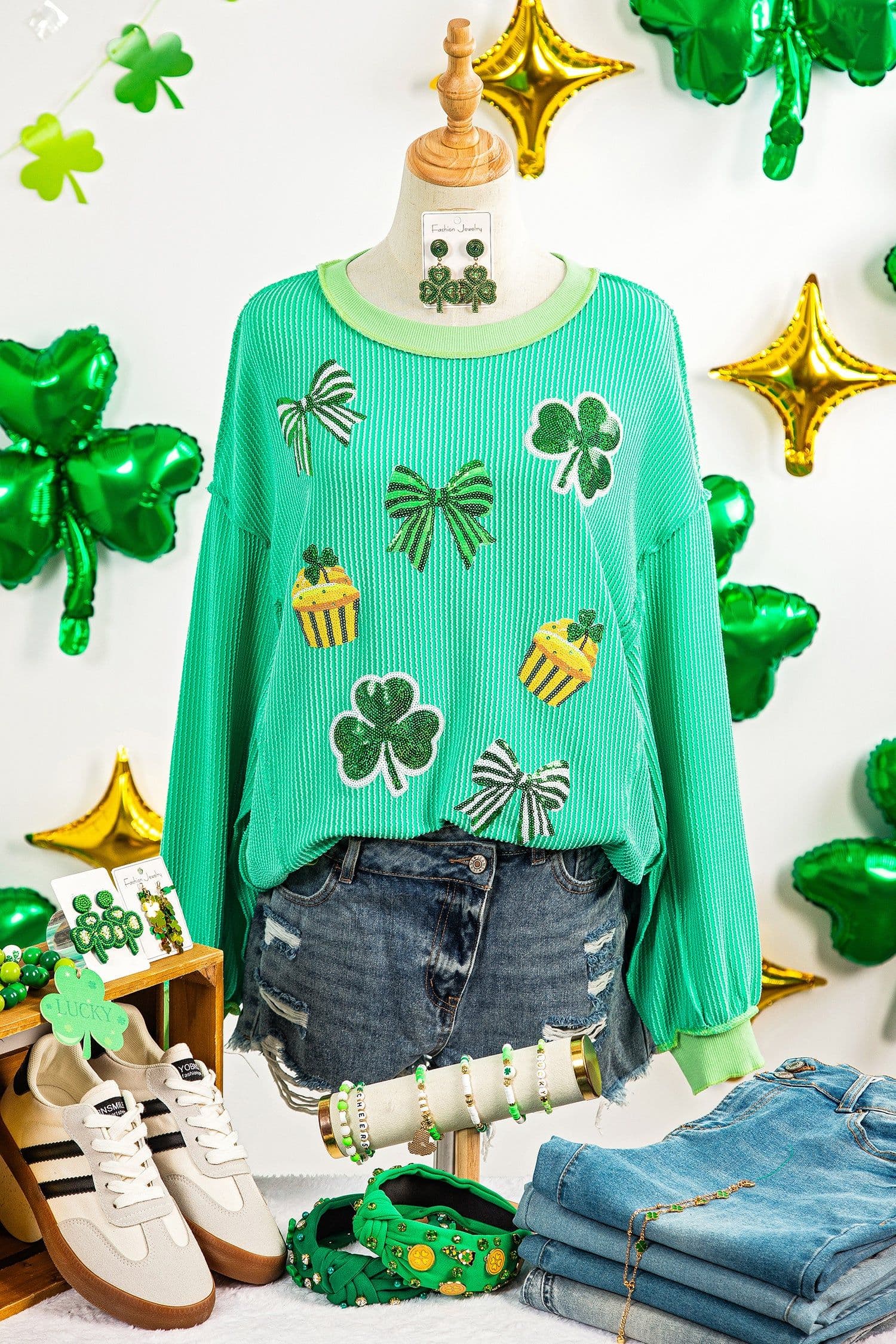 image-Bright Green Twisted Rib St Patricks Day Sequin Patch Graphic Long Sleeve Top