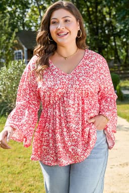 image-Plus Size Floral V Neck Flared Sleeve Blouse - Plus Size Ladies' Fashion