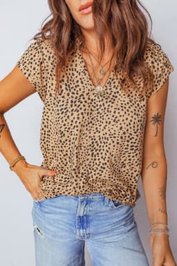 image-Apricot Cheeath Print Frilled V Neck Shirred Detail Short Sleeve Blouse