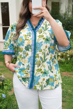 image-Sky Blue Plus Size Frilled V Neck Short Sleeve Floral Blouse