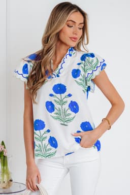 image-Blue Wild Flower Print Contrast Trim Scallop Detail Short Sleeve Blouse