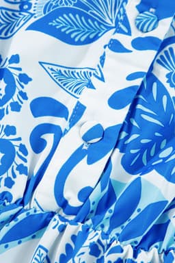 image-Sky Blue Retro Floral Print Drawstring Mini Dress