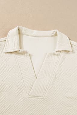 image-White Textured V Neck Collared Short Sleeve Top