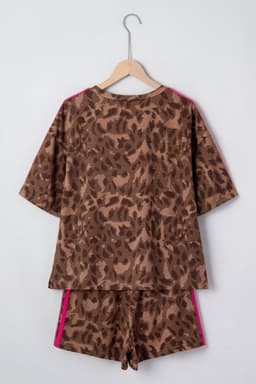 image-Brown Contrast Striped Accent Leopard Short Set