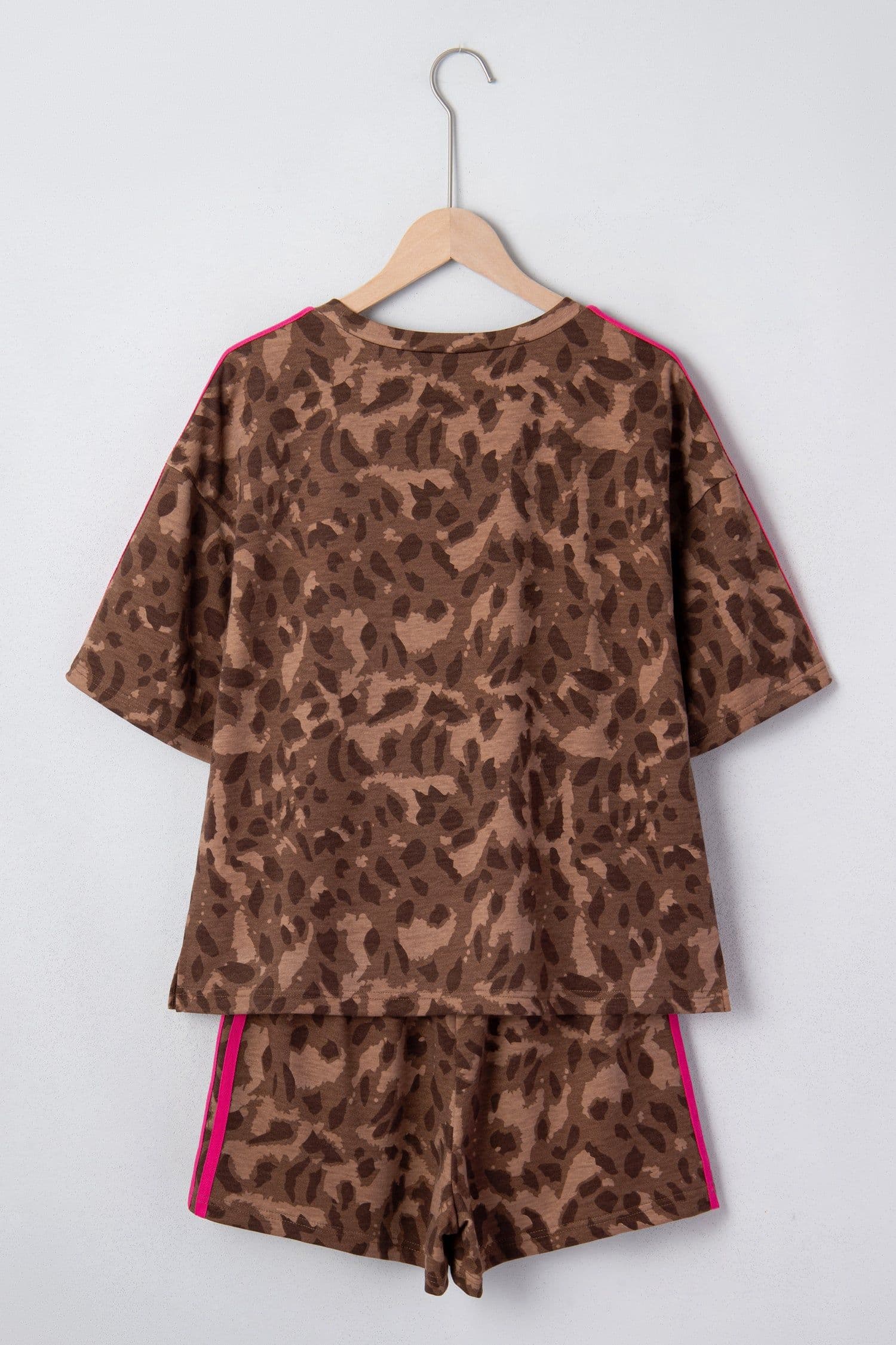 image-Brown Contrast Striped Accent Leopard Short Set